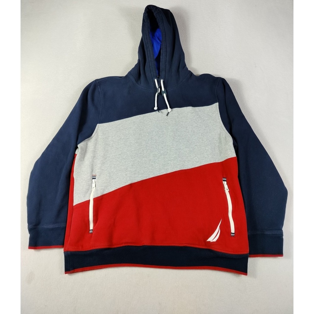 Nautica Hoodie Sweatshirt‎ Mens XL Multicolor Colorblock Fleece Preppy Classic
